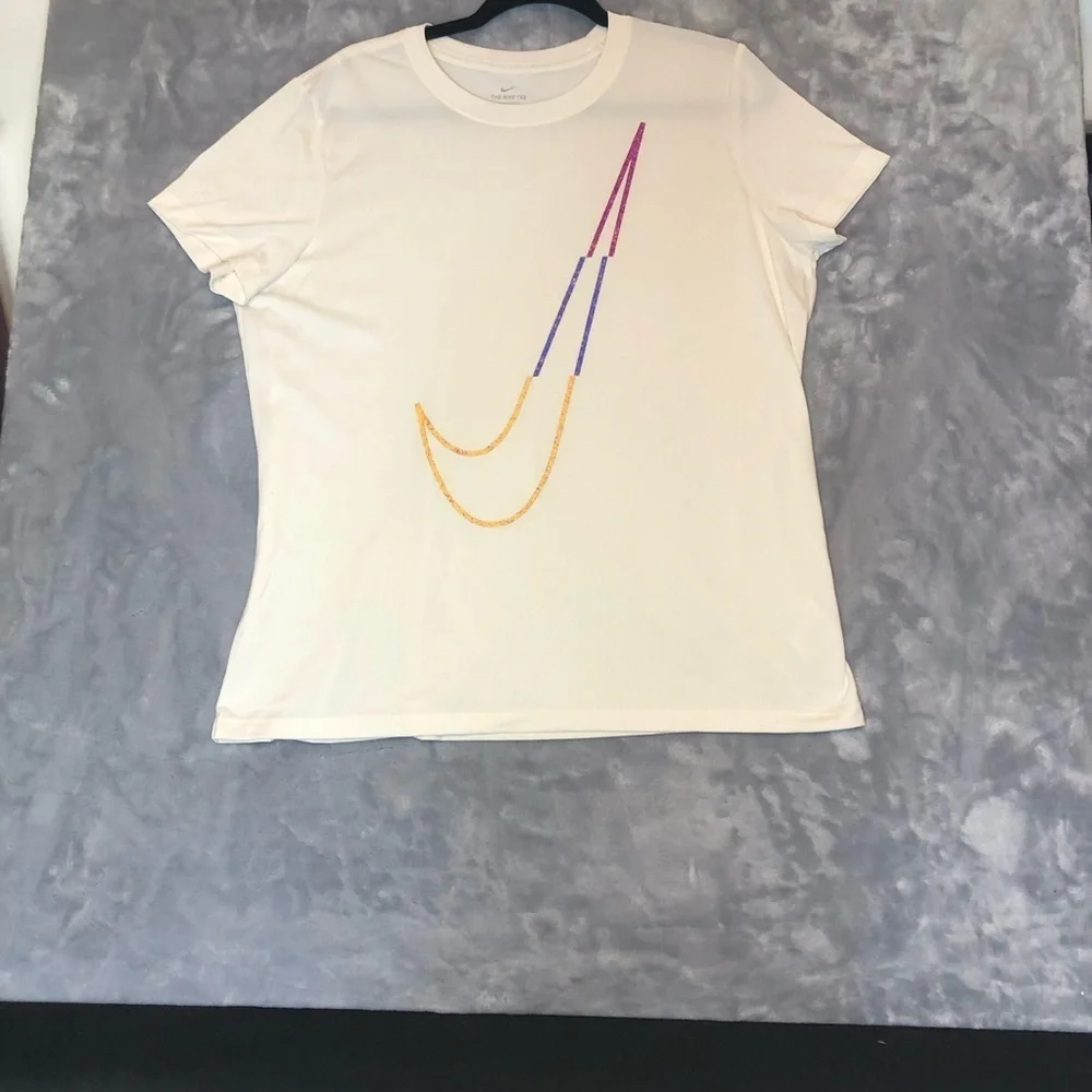 Nike Women's Dri-Fit Tee Cream with Pink/Purple/Yellow Nike Loga Size XL